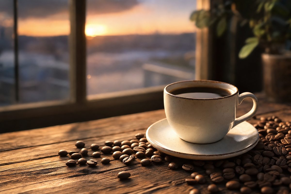 Cup of black coffee on a wooden table in warm evening light with scattered roasted coffee beans